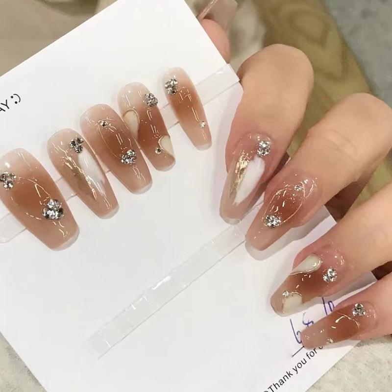 French Press-On Nails, Medium-Long Length, Cream Blush Brown, Removable, Advanced Whitening, Finished Manicure Patches.