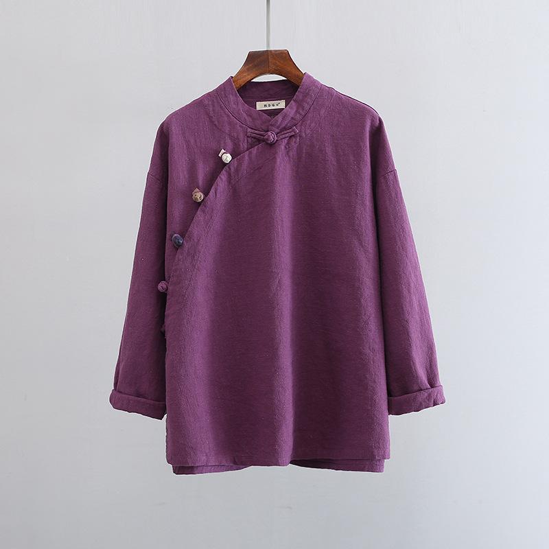 Damen Vintage Baumwolle Leinen Hemden und Oberteile Stehkragen Langarm Frühling Chinesischer Stil Knopf Locker Blusen Hemden