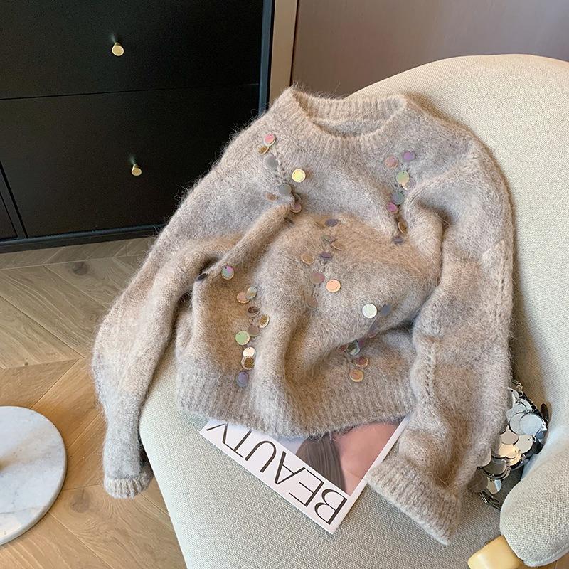 

Нежный ветер тяжелая промышленность с пайетками свитер с круглым вырезом женский осенне-зимний ленивый свободный мягкий восковой пуловер вязаный свитер L верблюд