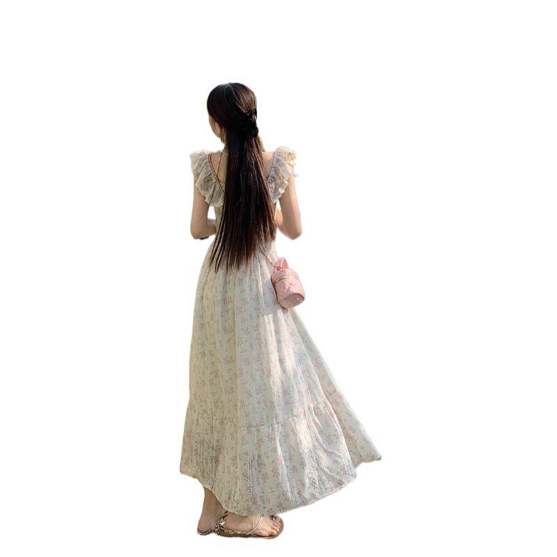 Feifei Sleeve French Heavy Industry Floral Square Neck Lotus Leaf Edge Summer 2026 New Waist Skinny Dress Women's Clothing