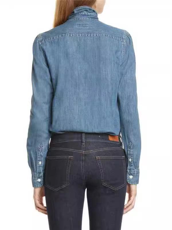 2024 European & American Bow Tie Long Sleeve Casual Denim Turn-Down Collar Shirt