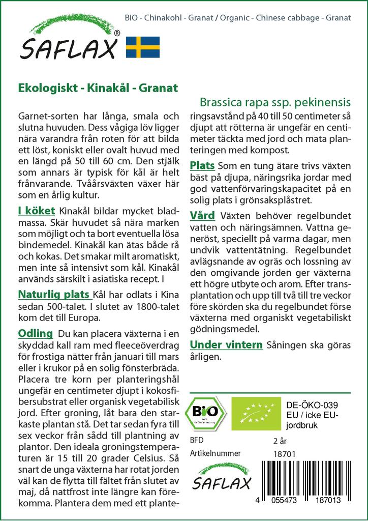 SAFLAX Garden In the Bag - Organic - Chinese Cabbage - Granat - 40 Seeds - With Substrate In a Fitting Stand Up Bag - Brassica Rapa