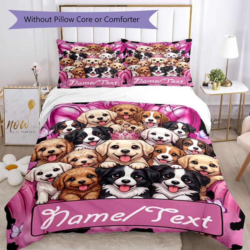 3PC Custom Name Puppy Party Pink Bedding Set Printed  Bedding Set Duvet Cover Closure Includes 1 Duvet Cover & 211 Pillowcases for Bedroom