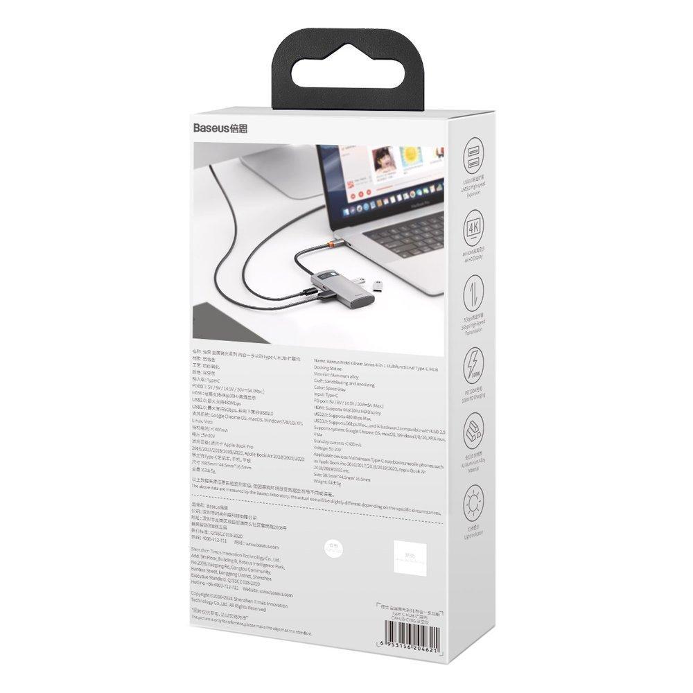 Baseus Metal Gleam 4-in-1 USB-C Hub: 100W PD, 4K HDMI, USB 3.2 Gen 1 & 2.0 - Model CAHUB-CY0G