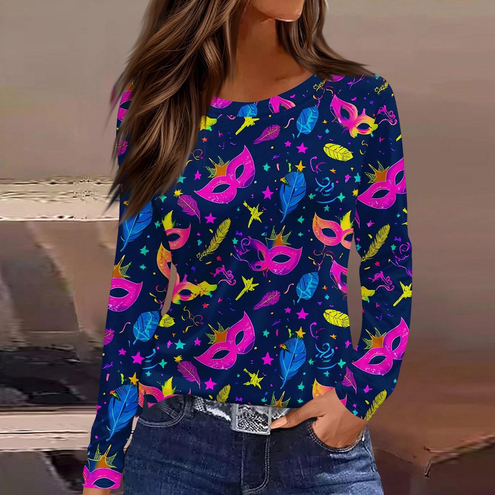 

Женский модный топ с круглым вырезом, длинными рукавами и разрезом по низу, с карнавальным принтом XL