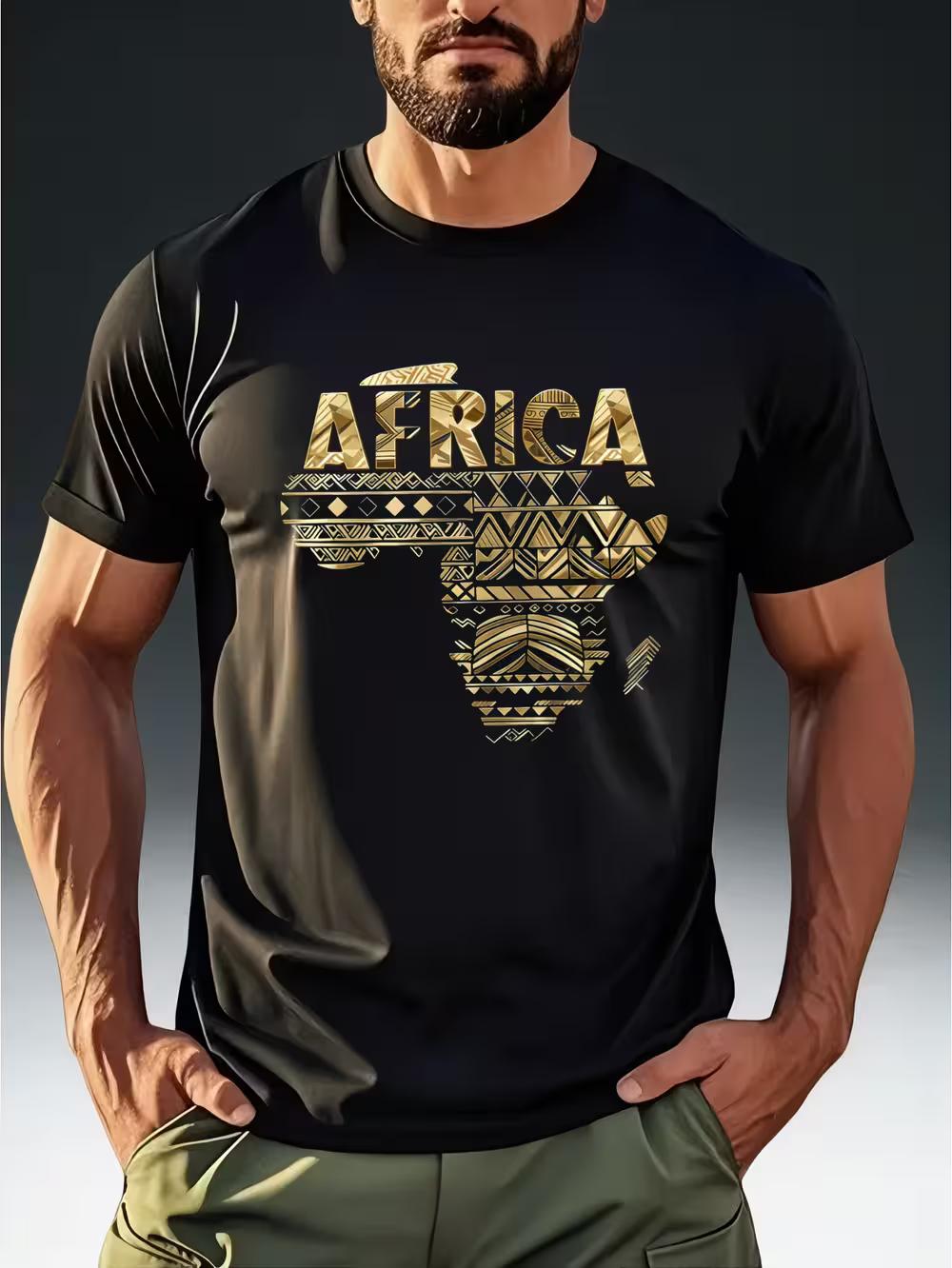 

Men S Fashion Short-Sleeve T-Shirt Featuring a Black And Golden Ethnic Print of The AFRICA Map XL