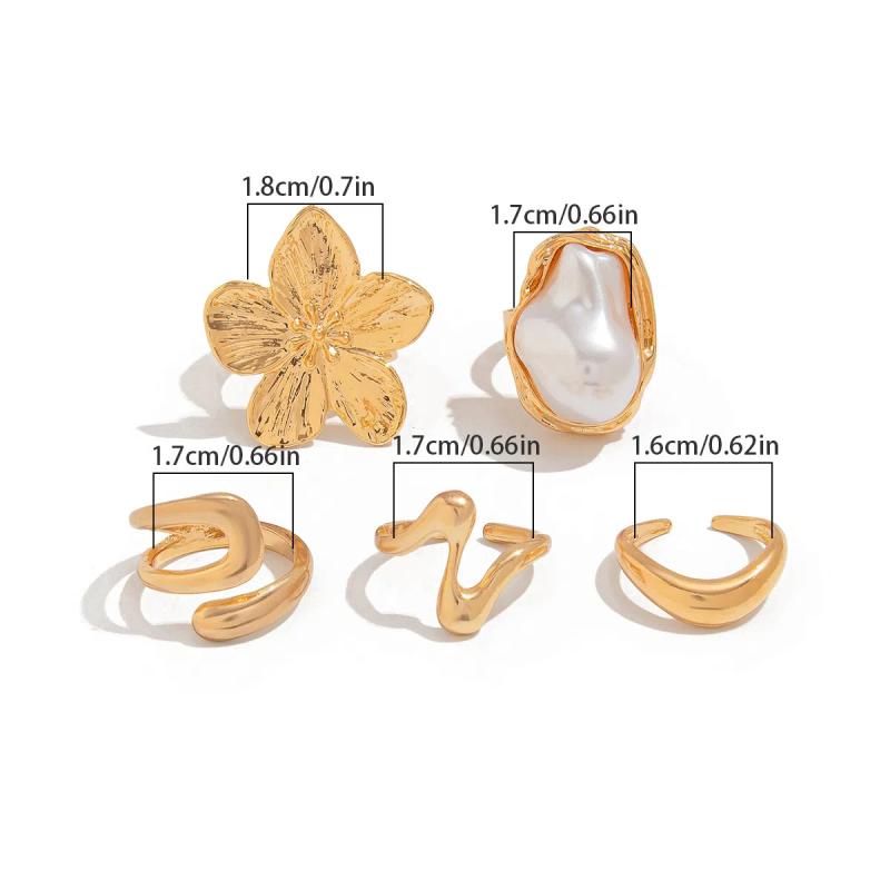 Retro Punk Metel Irregular Exaggerated Flower Ring For Women Elegant Baroque Pearl Open Ring Jewelry Accessories Gifts
