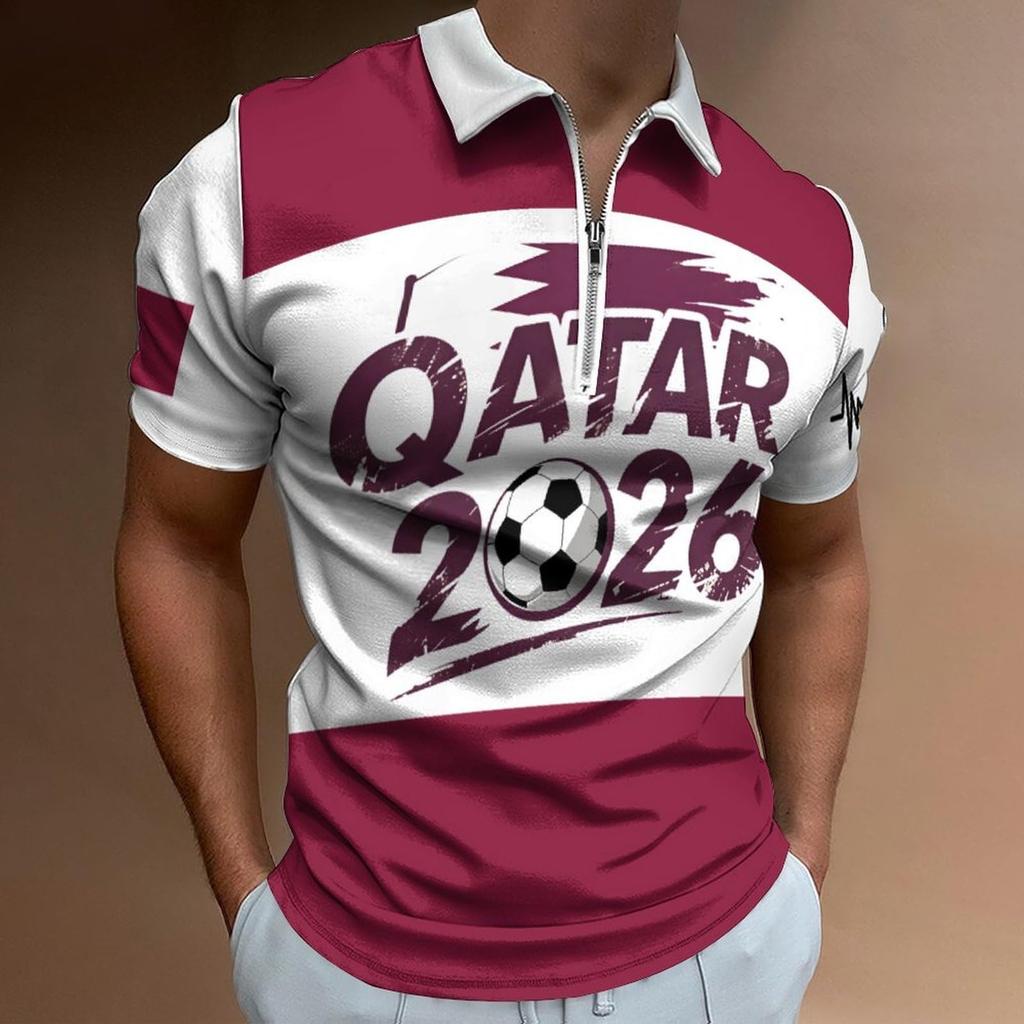 Men’s Casual Loose Fit Polo Shirt with Letter Print Zip Collar Short Sleeve Comfortable Breathable Top for Everyday Wear