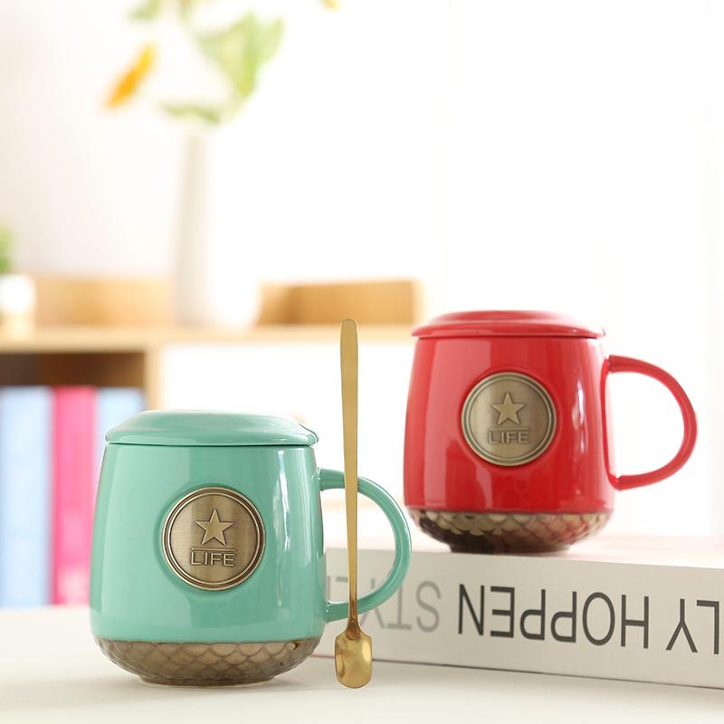 Bronze Xingba Ceramic Cup Water Cup Creative Copper Sheet Relief Xingba Fish Scale Coffee Cup