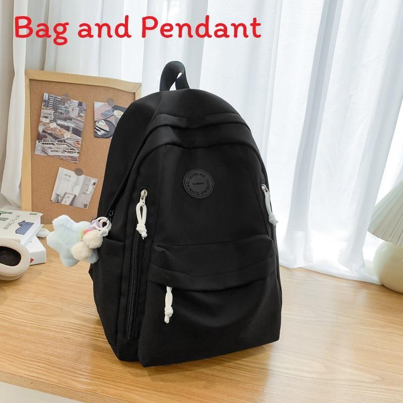 Simple Solid Color Student Lightweight Backpack With Plush Pendant For School