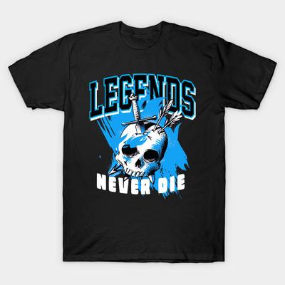 Asian Size Men Print T-shirt Legends Never Die Dark Powder Blue No-Cut Heat Transfer Print Cotton Tshirt