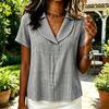 Women's Casual Plaid V-Neck Lapel Short Sleeve Blouse - Loose Fit Top for Everyday Wear