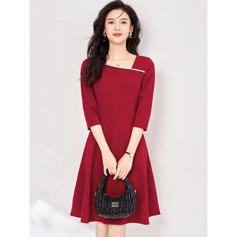 

Hepburn Style Professional Commute Silm Slim Looking Dress 2025 Fall New Arrival French Retro Wine Red A- line Skirt Burgundy M