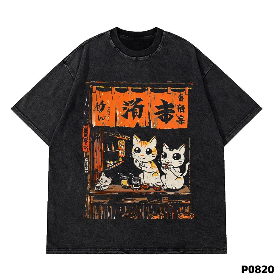 Men Washed T-Shirt Hip Hop Streetwear Anime Cartoon Cat Print T Shirt Harajuku Trending Cotton High Quality Short Sleeve Tshirt S разноцветный