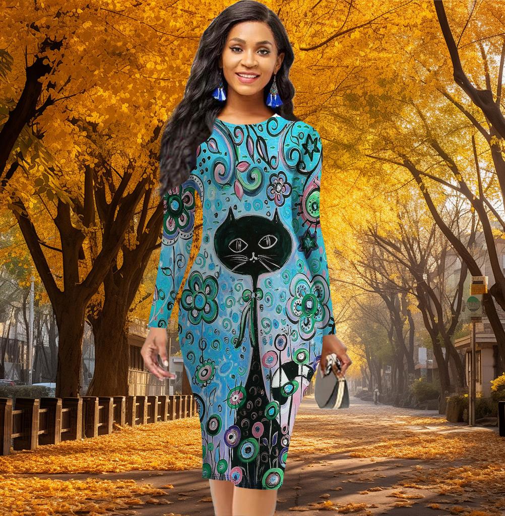 Long Sleeve Waist Tight Office Slim Fit Long Necked Animals Printing Elegant Bodycon Dress