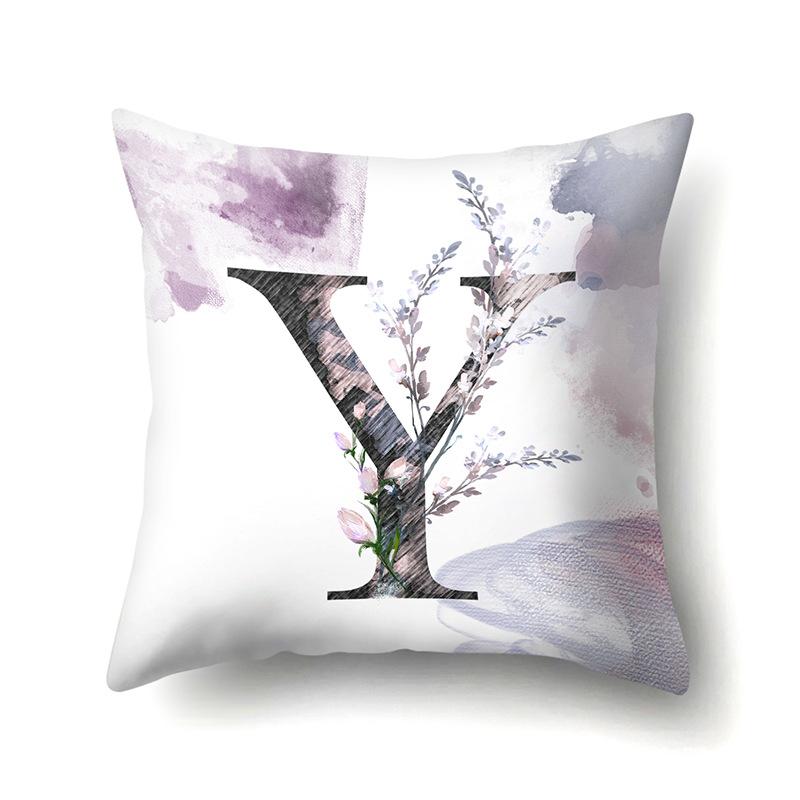 Polyester Pillowcase Home Watercolor Flower Print Pillowcase 26 English Letters Bedside Cushion Cover