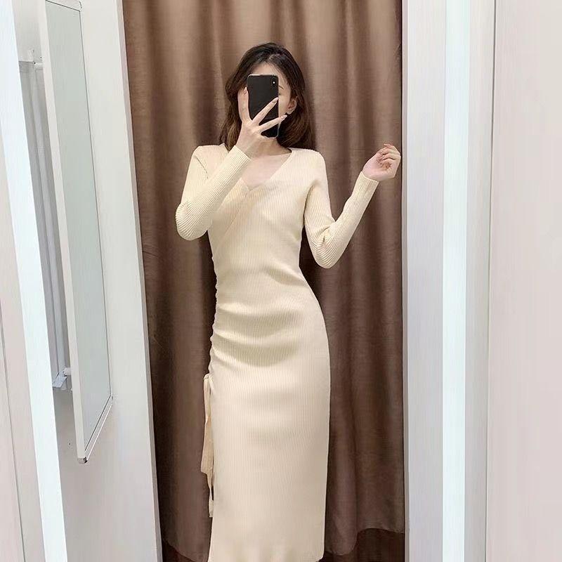 Knit Dress Waist-Cinching Mid-Length Autumn Winter Temperament Knee-Length Long Sleeve Base Layer Sweater Dress