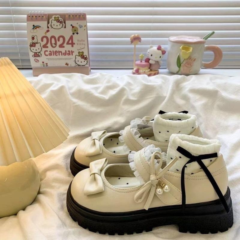 College style solid color bow spring new round head cute single shoes student small leather shoes