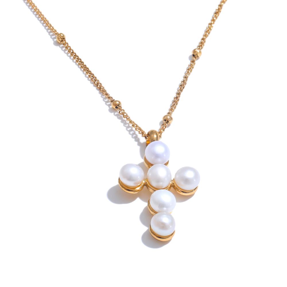 

Yhpup Luxury Exquisite Stainless Steel Natural Pearl Fashion Cross Daily Necklace Jewelry Gift for Ladies Stylish Waterproof