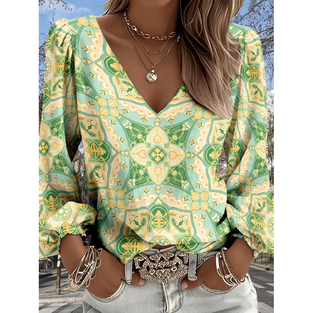Women s Spring/Summer Retro Bohemian Casual Vintage Ethnic Print V-Neck Long-Sleeve Shirt, Women s Fashion Elegant Top S