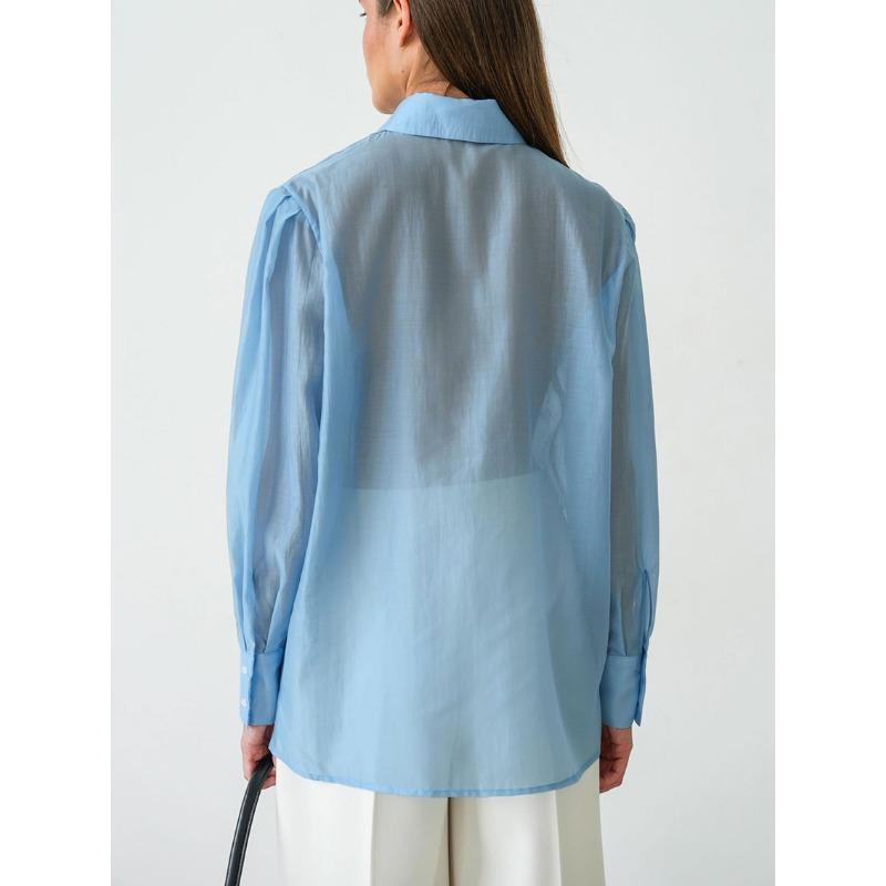 Women S Long Sleeve Lapel Sheer Tencel Blend Shirt For Commute