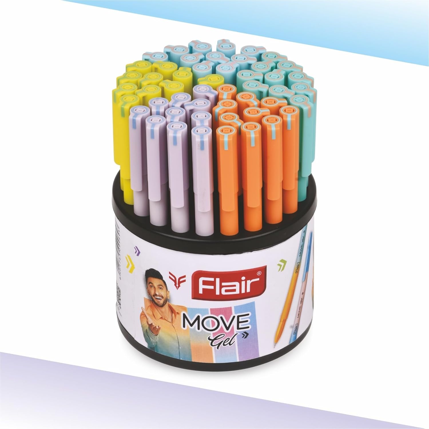 

Flair Move Gel Pens Pack of 1 x 50 Blue Ink Fine Tip Matte Pastel Body with Round Stand for Office School Writing Use