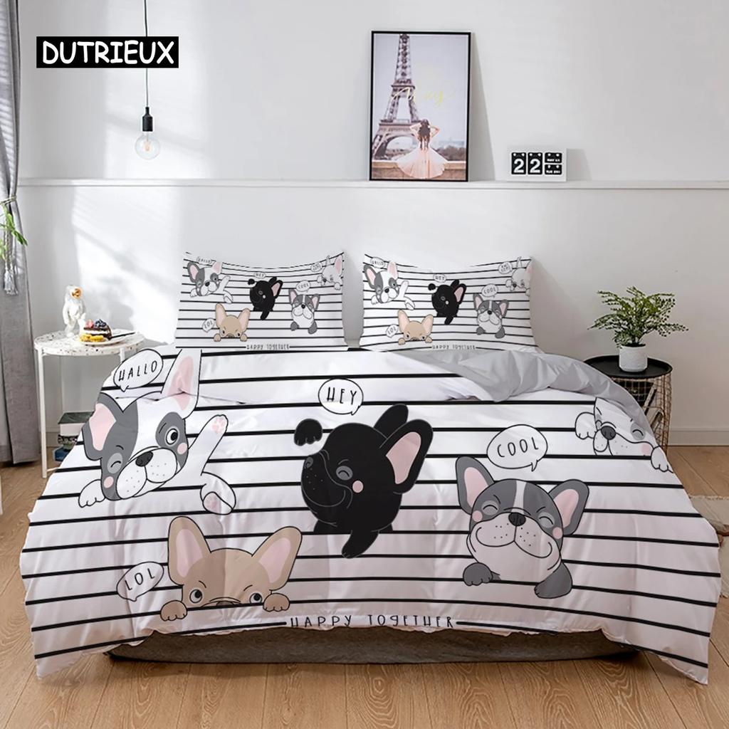 3D Dog Bedding Set Cute French Bulldog Puppy Duvet Cover Sets Cartoon Bed Cover Pet Animals Home Textiles Queen 23Pcs King Full