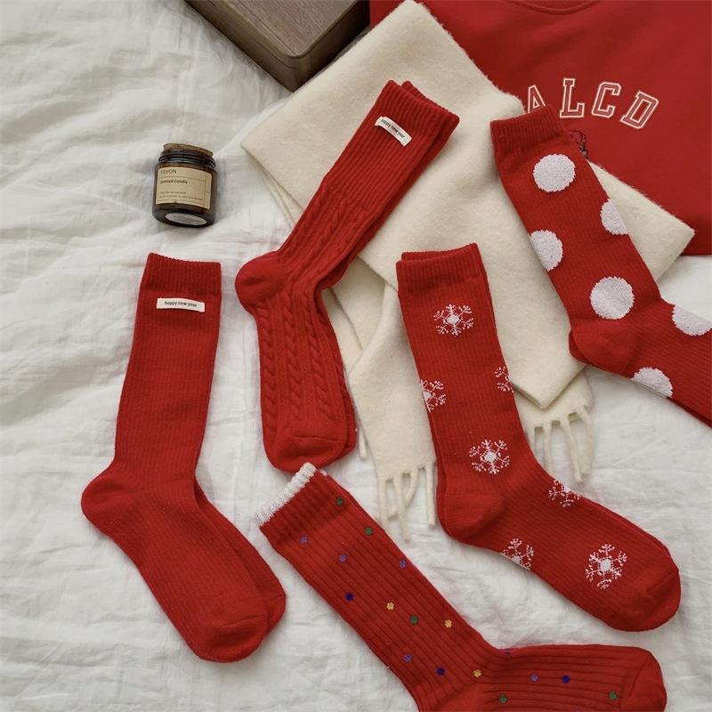 "New Year Christmas Red" Big Red Socks, Women's Fabric Label Mid-calf Socks, Autumn and Winter Big Polka Dot Twist Pile Socks, Long Socks