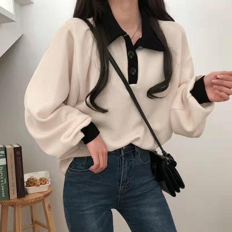 

2025 Women s Color Block Lantern Sleeve Polo Collar Fleece-Lined Sweatshirt - Korean Style Loose Long Sleeve Top M (86-99 Jin)
