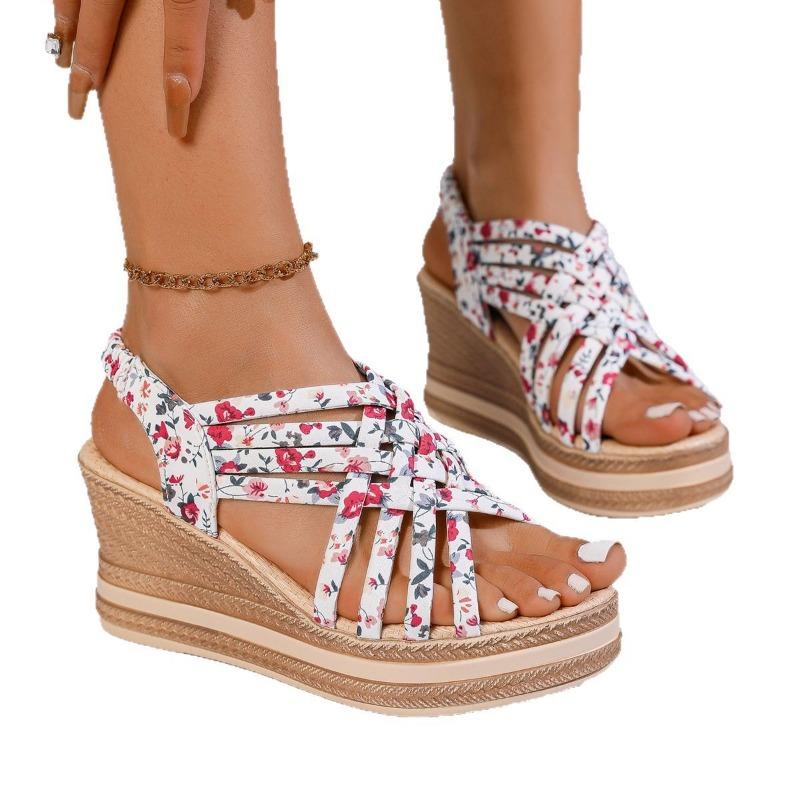 Spring and Summer New Slope Heel Platform Women's Shoes Large Size Printing Casual Platform Muffin Fish Mouth Sandals Women