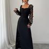 Women's Elegant Square Neck Bubble Long Sleeve Mesh Insert Jacquard Maxi Dress 3D Slimming A-Line Swing Long Dress