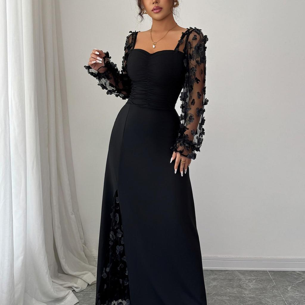 Women's Elegant Square Neck Bubble Long Sleeve Mesh Insert Jacquard Maxi Dress 3D Slimming A-Line Swing Long Dress