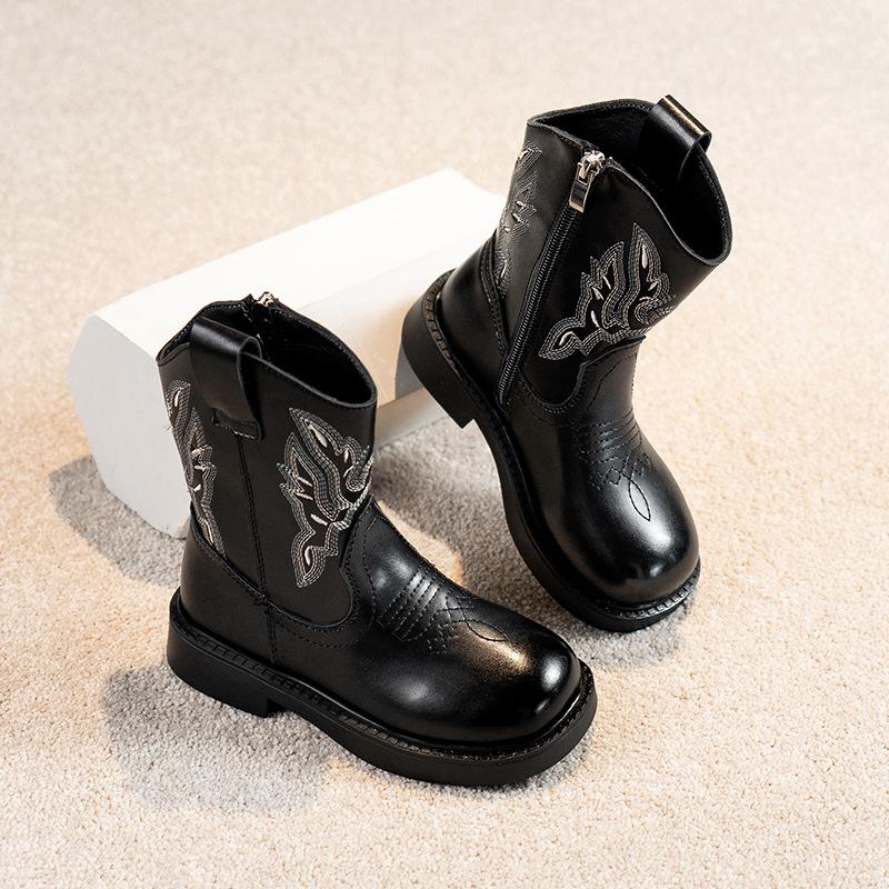 American Retro Girl Boots Princess Embroidery New Leather Boots Children Fashion Leather Boots Knight Boots