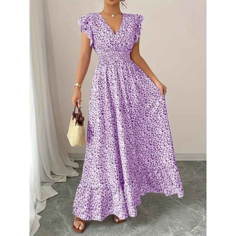 Summer Floral Printed Long Dress with Ruffled Short Sleeved V-neck Fashion Big Swing A-line Holiday Party Dress Elastic Waist Loose Casual Clothing