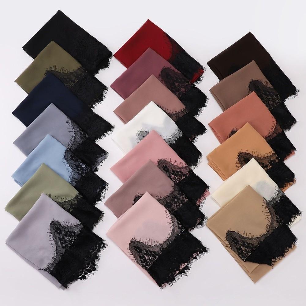Pearl Chiffon Lace Edge Scarf Eyelash Black Lace Islamic Shawl Wrap Soft Long Hijab  Daily Wear