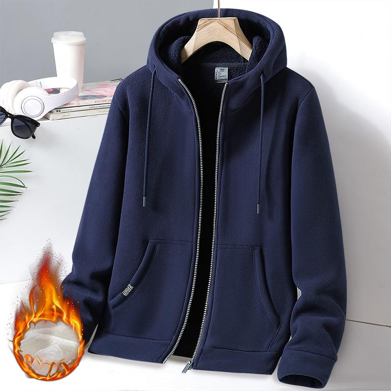 Men's Fleece Coat  Thickened Warm Hoodie for Autumn and Winter, Solid-Color Hooded Casual Outerwear