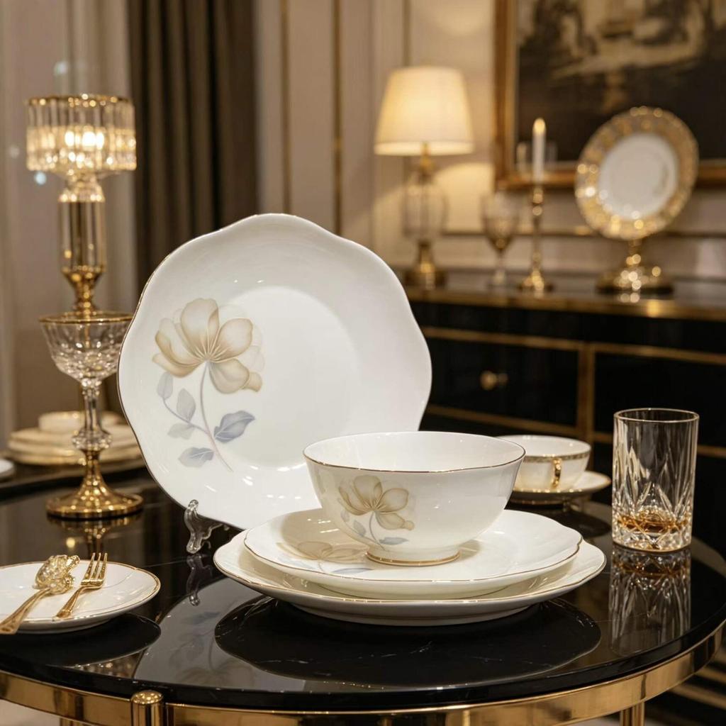 Set di stoviglie in ceramica smaltata con bordo dorato Yu Bao Fang - Elegante collezione di ciotole e piatti per la nuova casa.