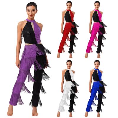 Women's Sequin Bodysuit 70s Disco Clubwear Contrast Color Long Pants with Chest Fringe S-XXL