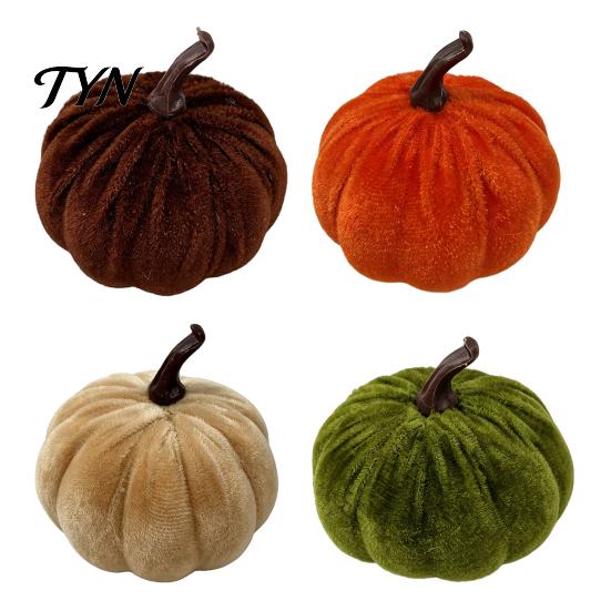Velvet Stuffed Pumpkin Small Artificial Decoration, Fall Thanksgiving Soft Seasonal Floral Scene Accents Ornament, Autumn Harvest Tabletop Centerpiece