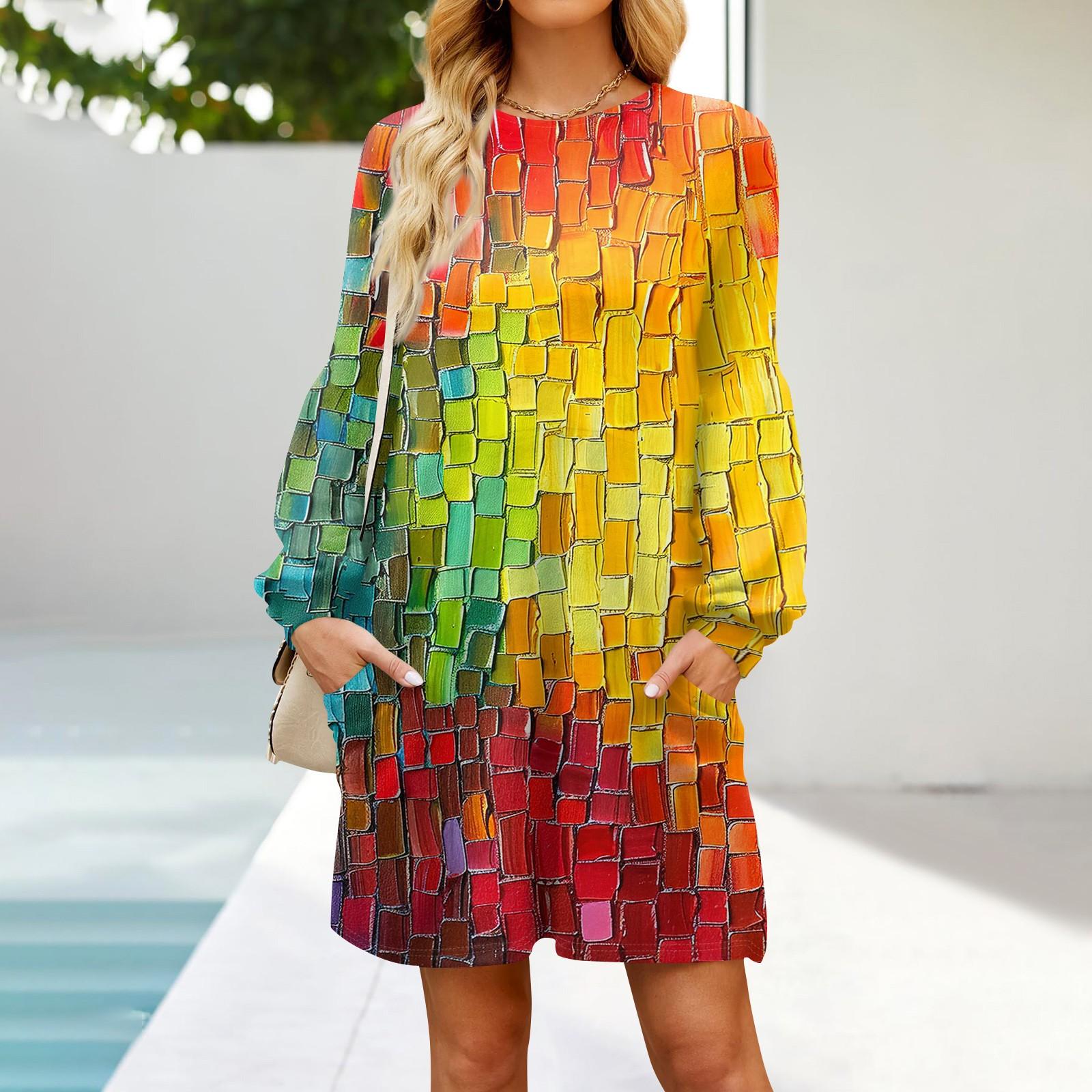 

Модное женское платье трапециевидной формы с длинным рукавом. Осенний повседневный пуловер с круглым вырезом. Свободное платье с карманами. XL жёлтый