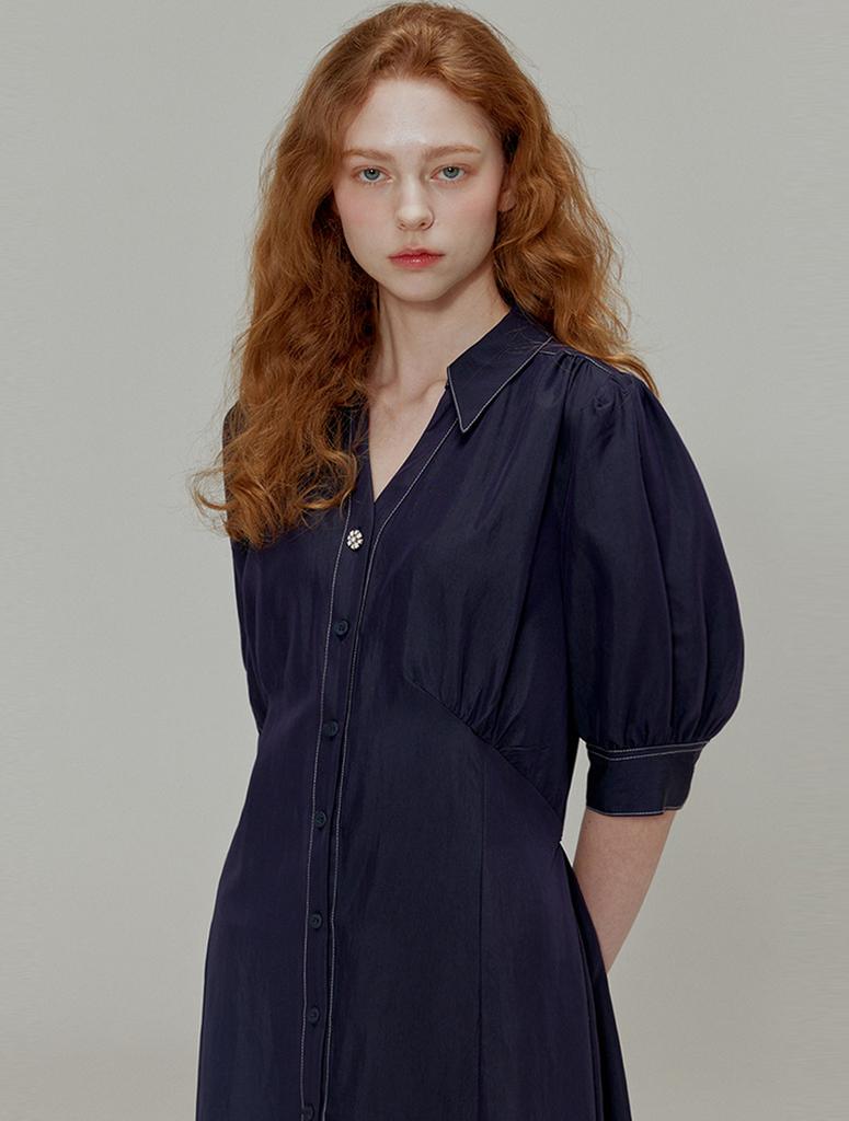 OPENING SUNSHINE Open Collar Shirring Detail Shirt Dress Navy