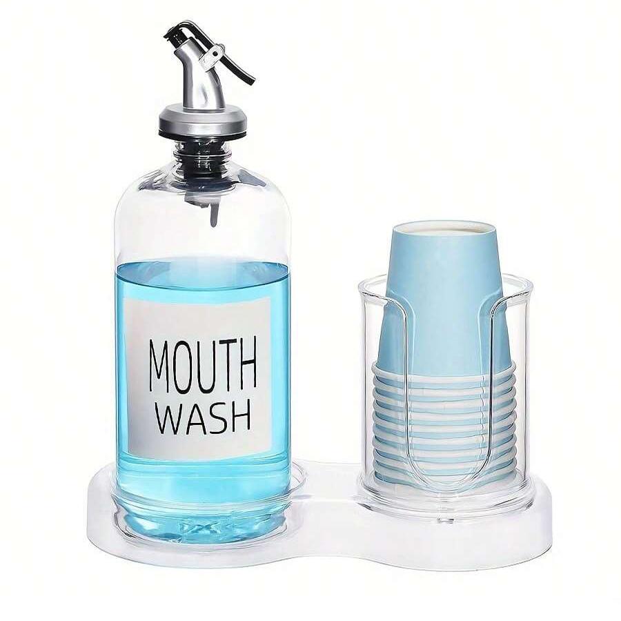 

Plastic Mouthwash Dispenser with Cup Holder, Clear Mouth Wash Pump Bottle with Tray for Bathroom Organizers, Mouthwash Container чистый