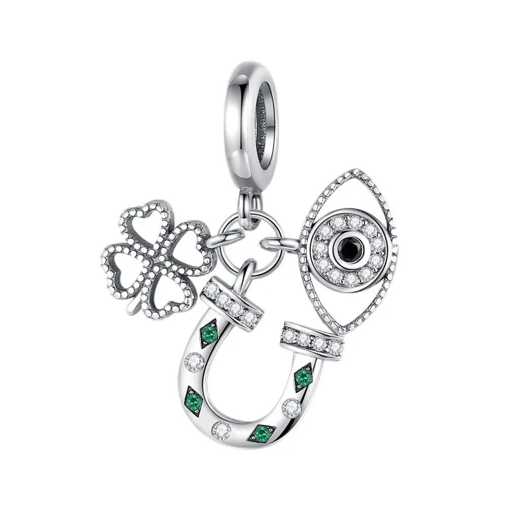 Lucky 925 Silver Charms Green Four Leaf Clover Horseshoe Bead Earrings Pendant Exquisite Bracelets Necklaces DIY Jewelry