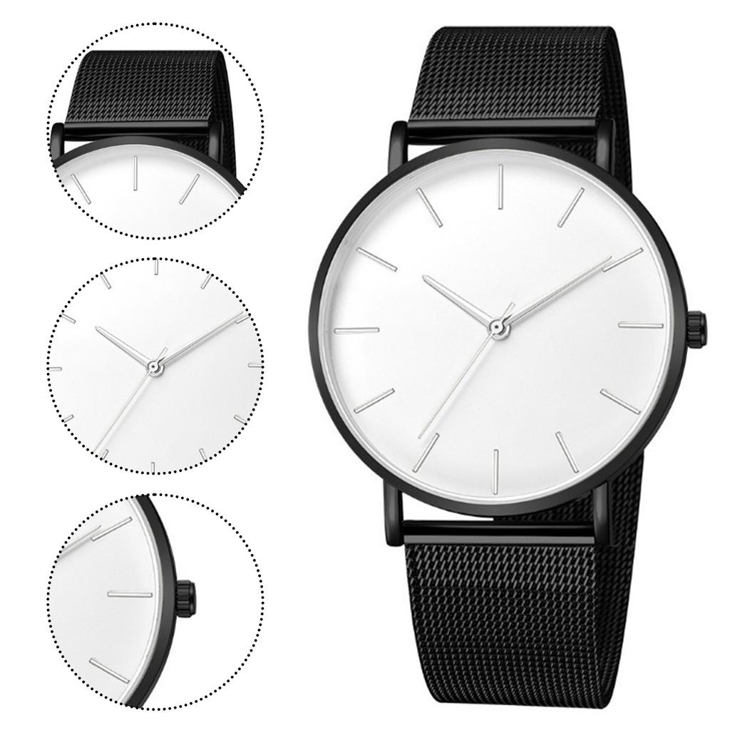 Trendy Minimalist Men’s Watch Modern Black Mesh Band Quartz Watch Chic Gold Accent Matte Black Face Slim Round Case Wristwatch