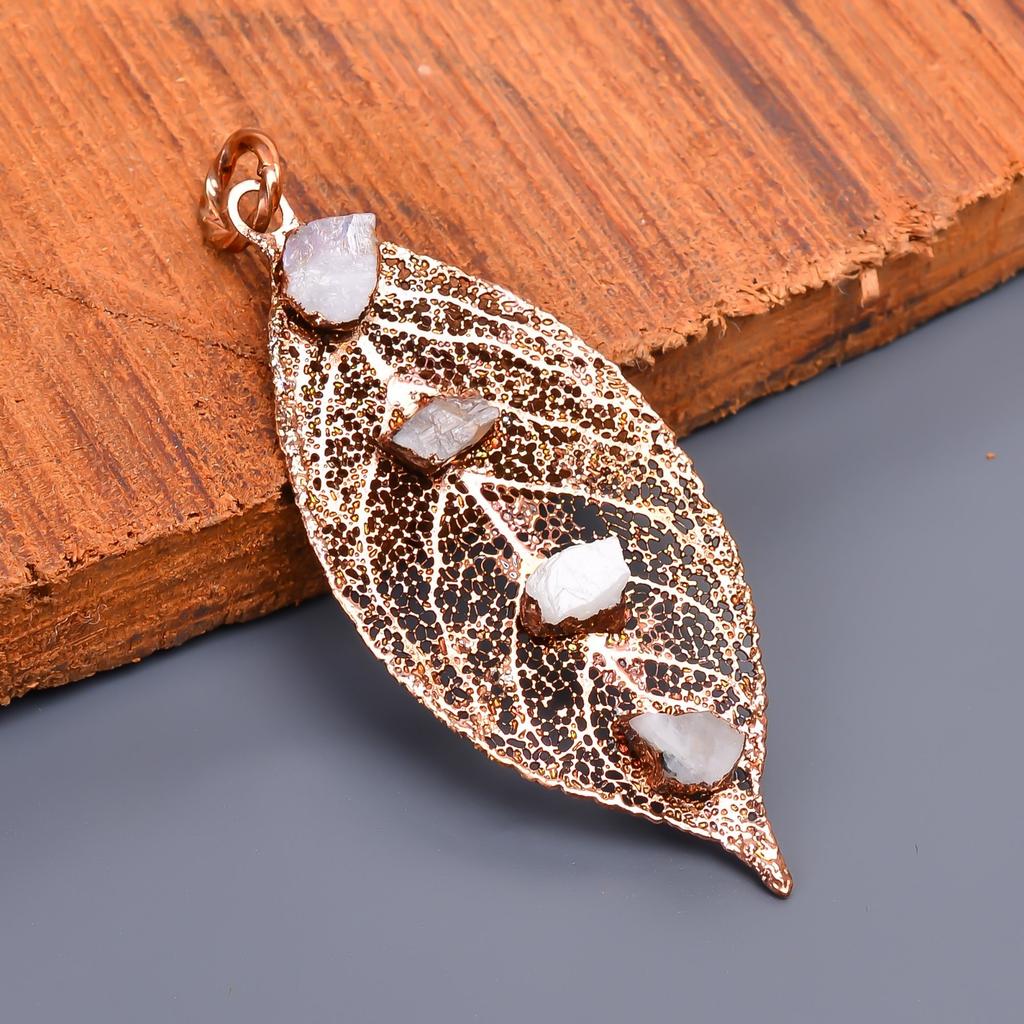 Rainbow Moonstone Rough Gemstone Copper Electroformed Handcrafted Ethnic Pendant V-38