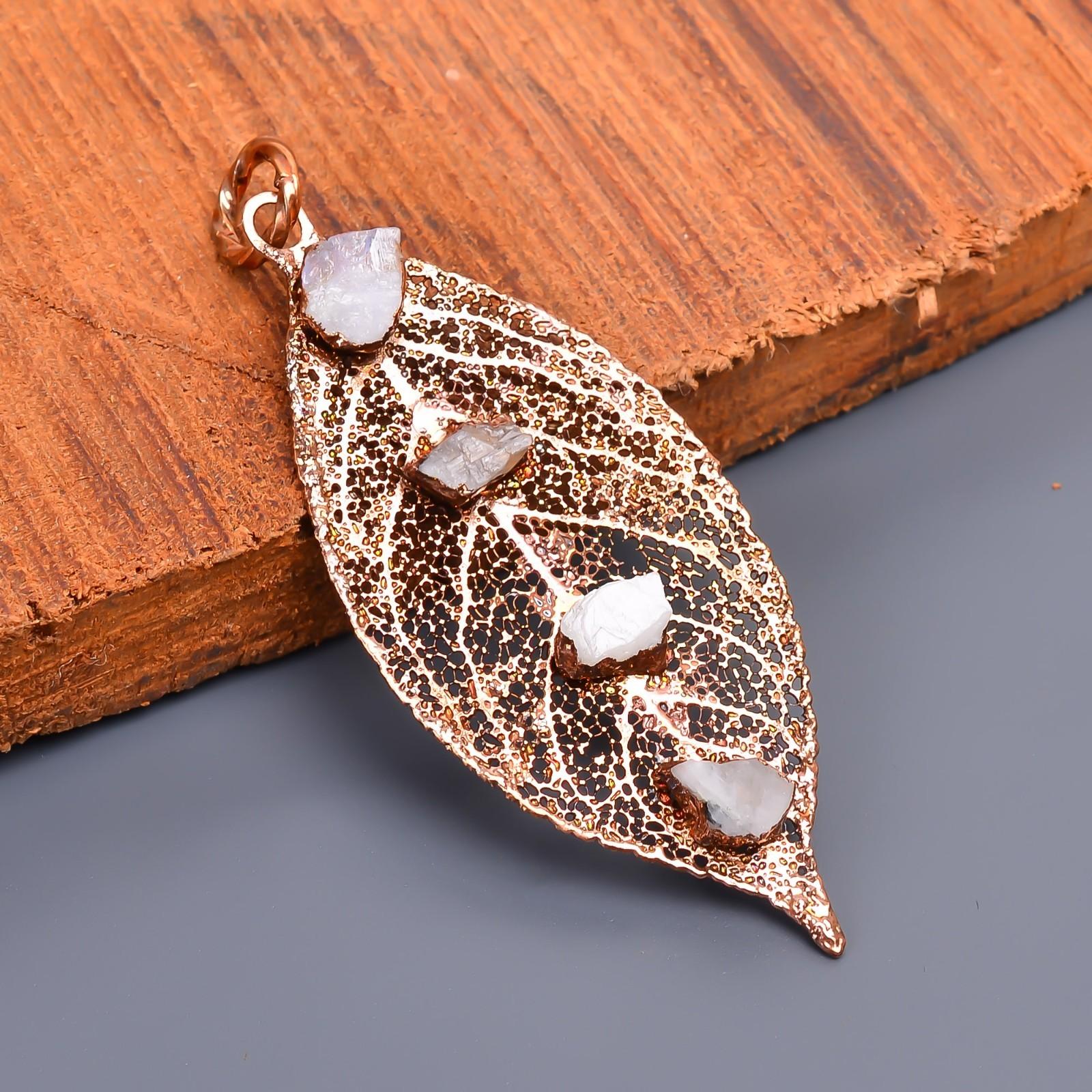 

Rainbow Moonstone Rough Gemstone Copper Electroformed Handcrafted Ethnic Pendant V-38