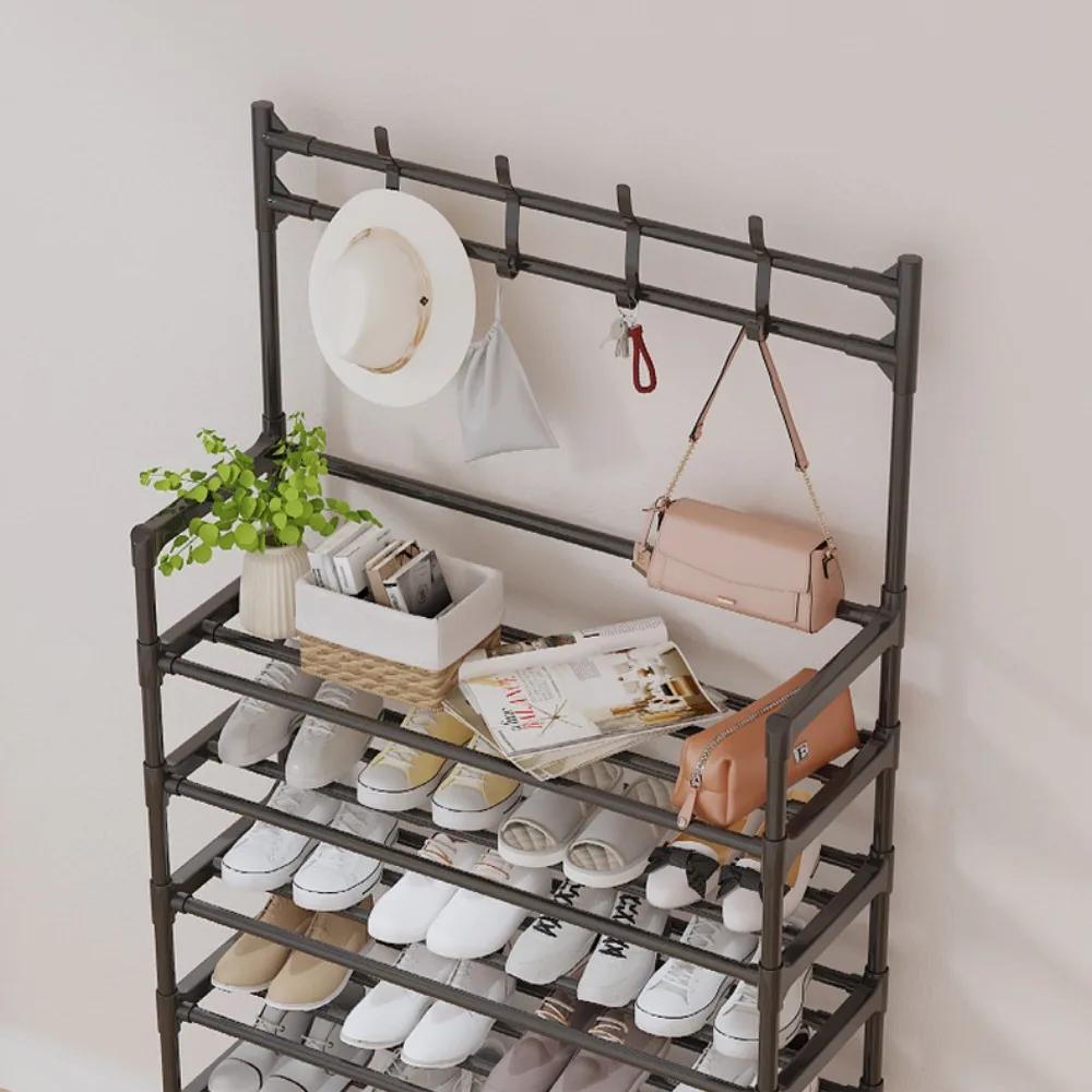 Shoe and Hat Rack Floor Standing with Hooks Metal Integrated Rack Multi-storey Large Capacity Living Room Household Shoe Cabinet