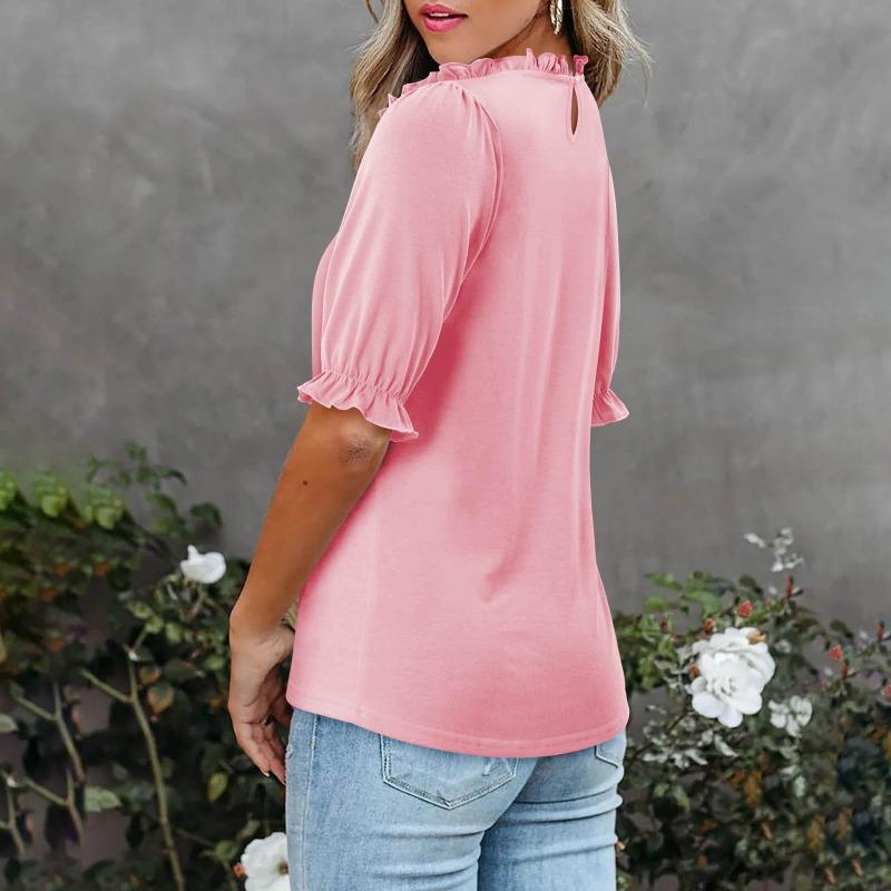 Women S Solid Color Round Neck Mid Sleeve Pleated Top