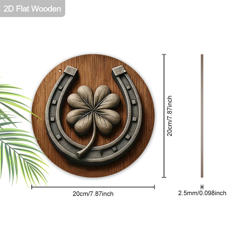 2D Flat 1pc Vintage St. Patrick's Day Four-Leaf Clover Horseshoe Wooden Sign Round Ornament, Home Office Bedroom Living Room Garage Garden Balcony