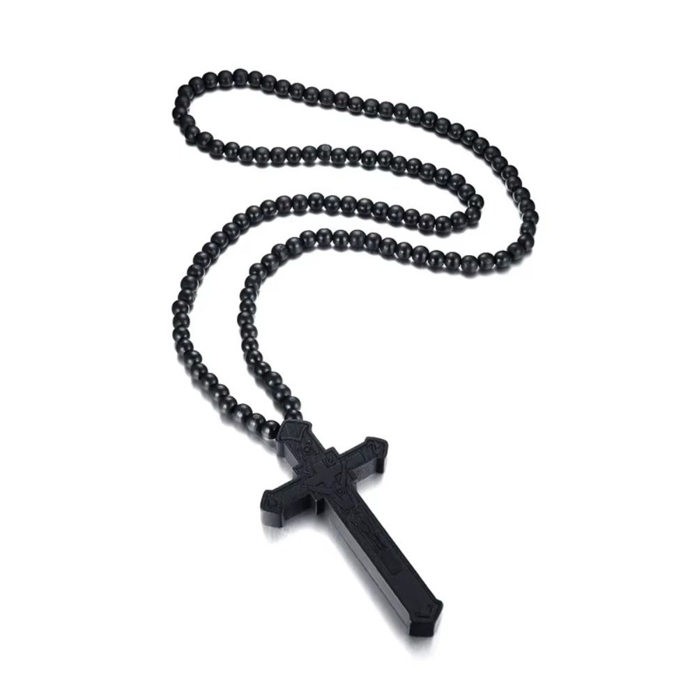 Religious Wood Beads Necklace Wood Crucifix Pendant Chain Handmade Rosary Necklace  Church